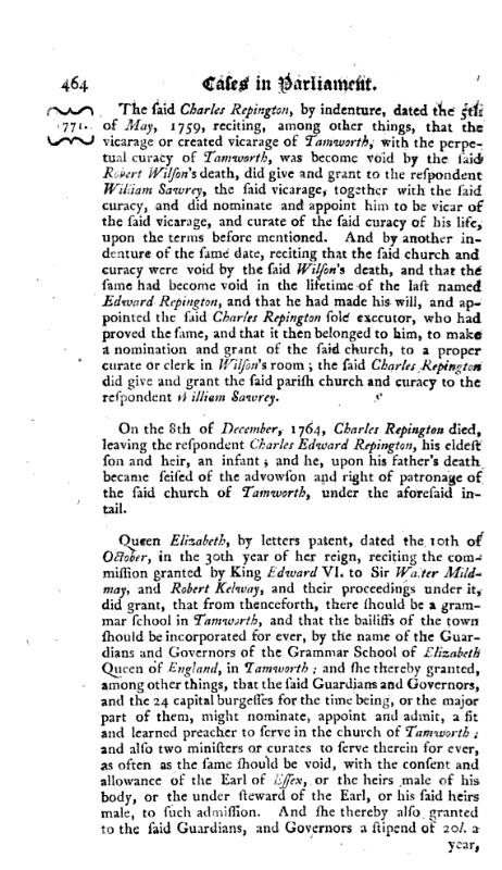 Reports of cases, upon appeals and writs of error, in the High Court of Parliament 1772 p.464